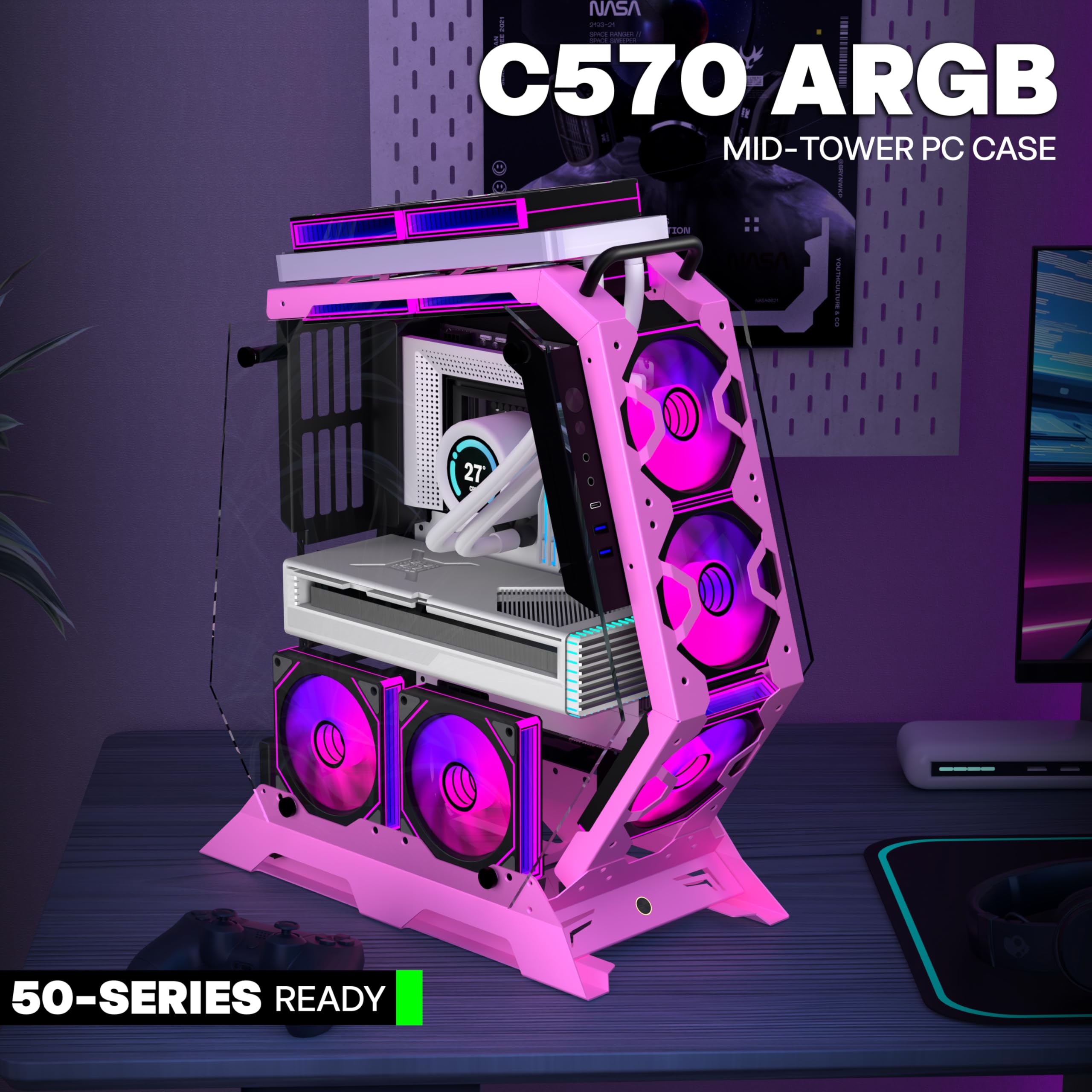 KEDIERS PC Case C570 ATX Mid Tower Tempered Glass Gaming Computer Open Frame Case with 5 PWM ARGB Fans (Pink)