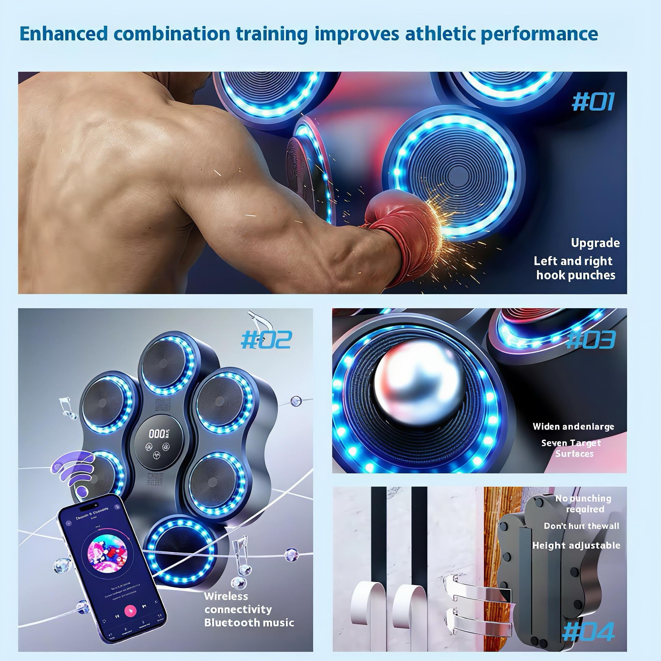 Music Boxing Machine, Smart Bluetooth Boxing Machine with Gloves, Wall Mounted Music Punching Trainer for Kids Adult, LED Electronic Workout Punching Machine