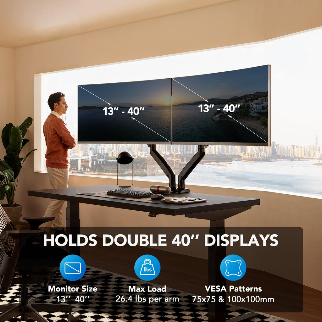 HUANUO Dual Monitor Stand for 13″–40″, Premium Dual Monitor Mount with USB, Height Adjustable Monitor Stand for 2 Monitors, VESA Mount with Clamp/Grommet Base, Holds 26.4lbs per Arm, HNDS7