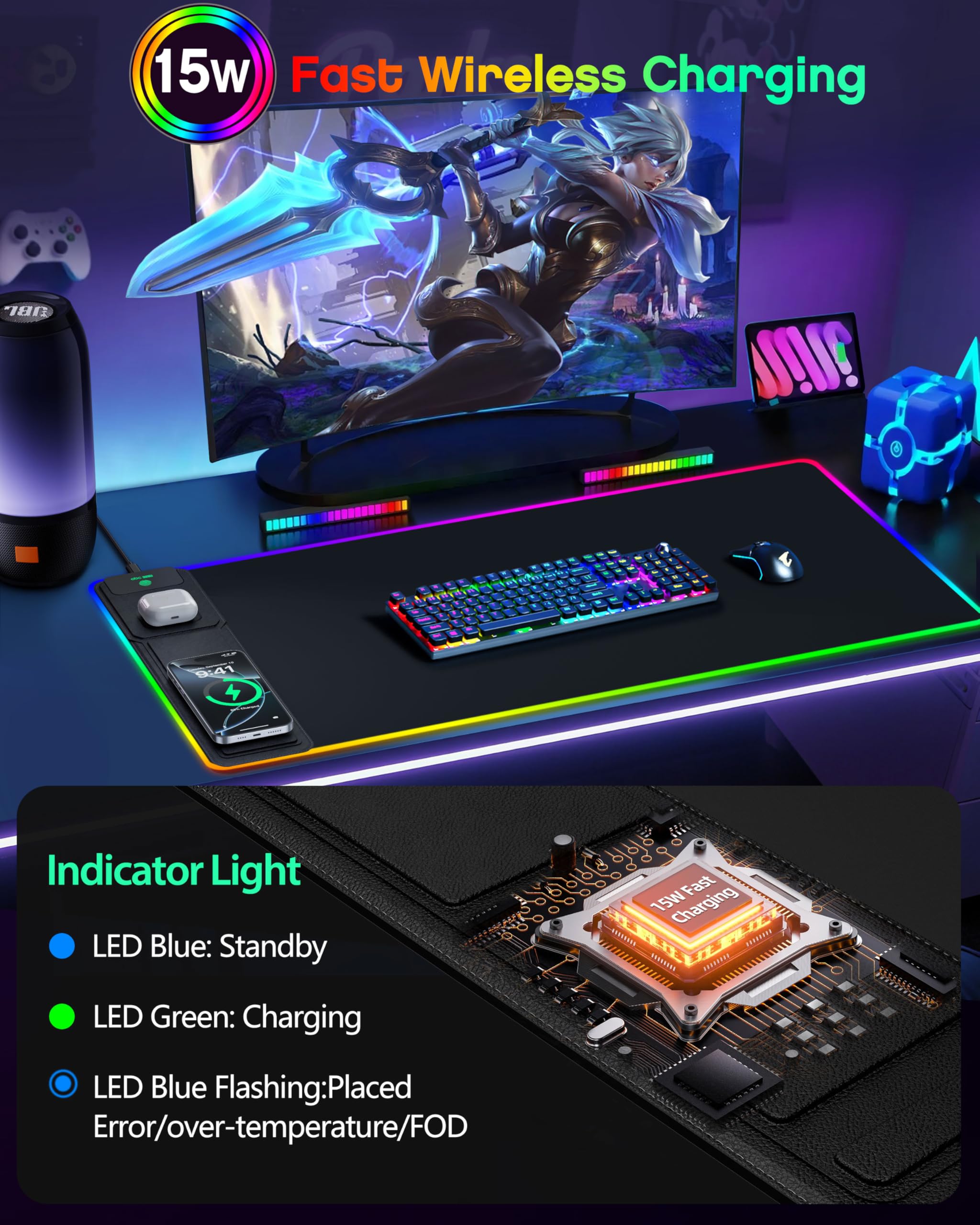 abc.mat 4-in-1 RGB Gaming Mouse Pad with Wireless Charging & Phone Stand, 31.5"x15.8" Large, 24 Light Effects, Non-Slip Base, Waterproof Ultra-Smooth Surface, with Adatper