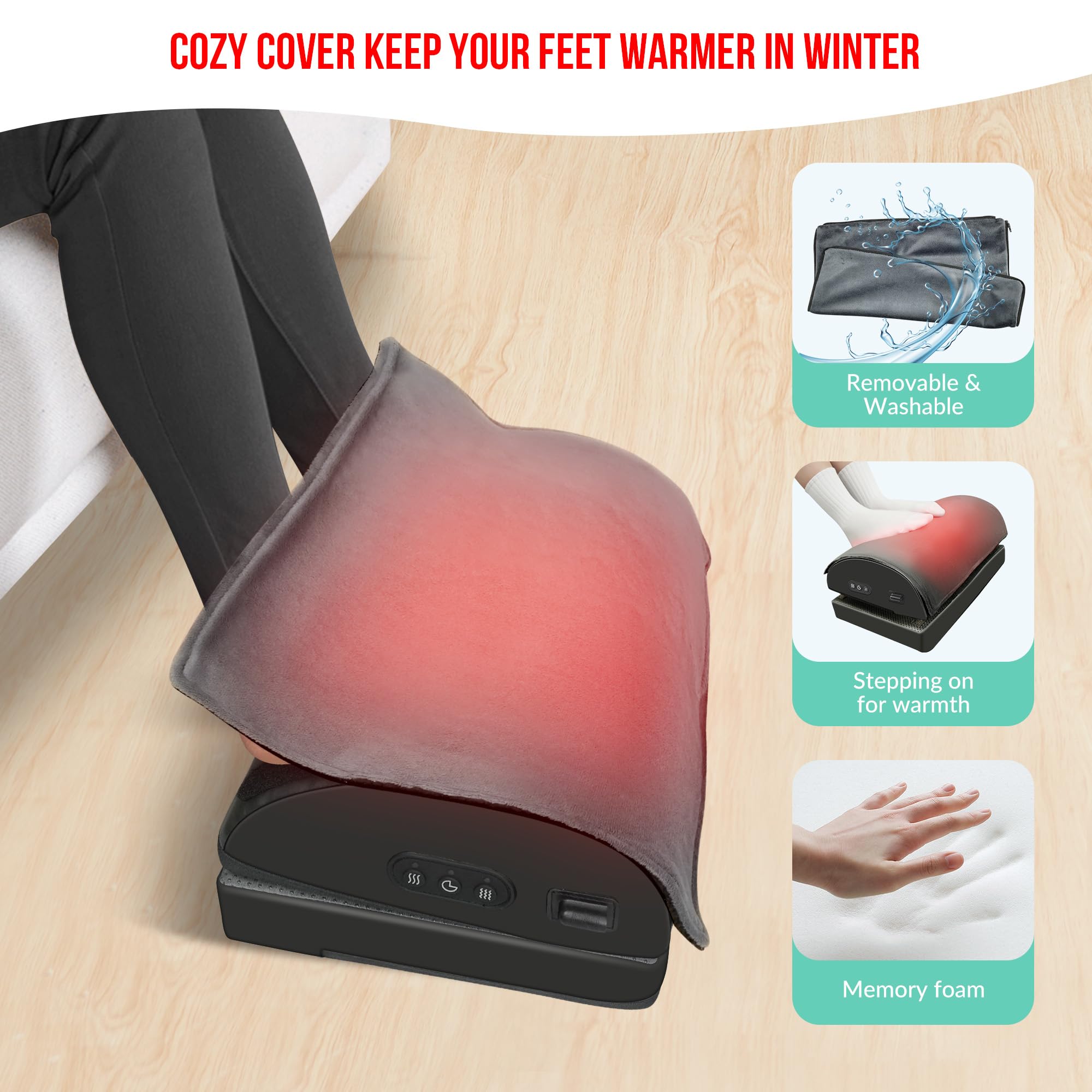 Heated Foot Rest Under Desk at Work, Ergonomic Desk Footrest with Vibrating Massage and Adjustable Height, Foot Warmer with Pocket, 3 Vibration Modes & 2 Heating Levels,Memory Foam,Office Home Gaming