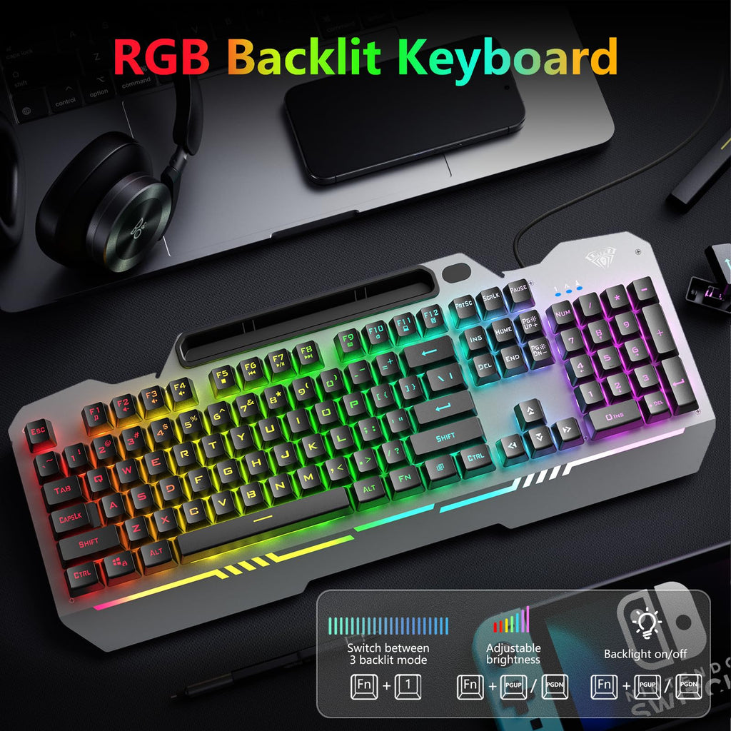 AULA Keyboard, T102 104 Keys Gaming Keyboard and Mouse Combo with RGB Backlit Number Pad, All-Metal Panel Waterproof Light Up PC Keyboard,USB Wired Computer Keyboards Gaming for Win XP/7/8/10 PC Gamer