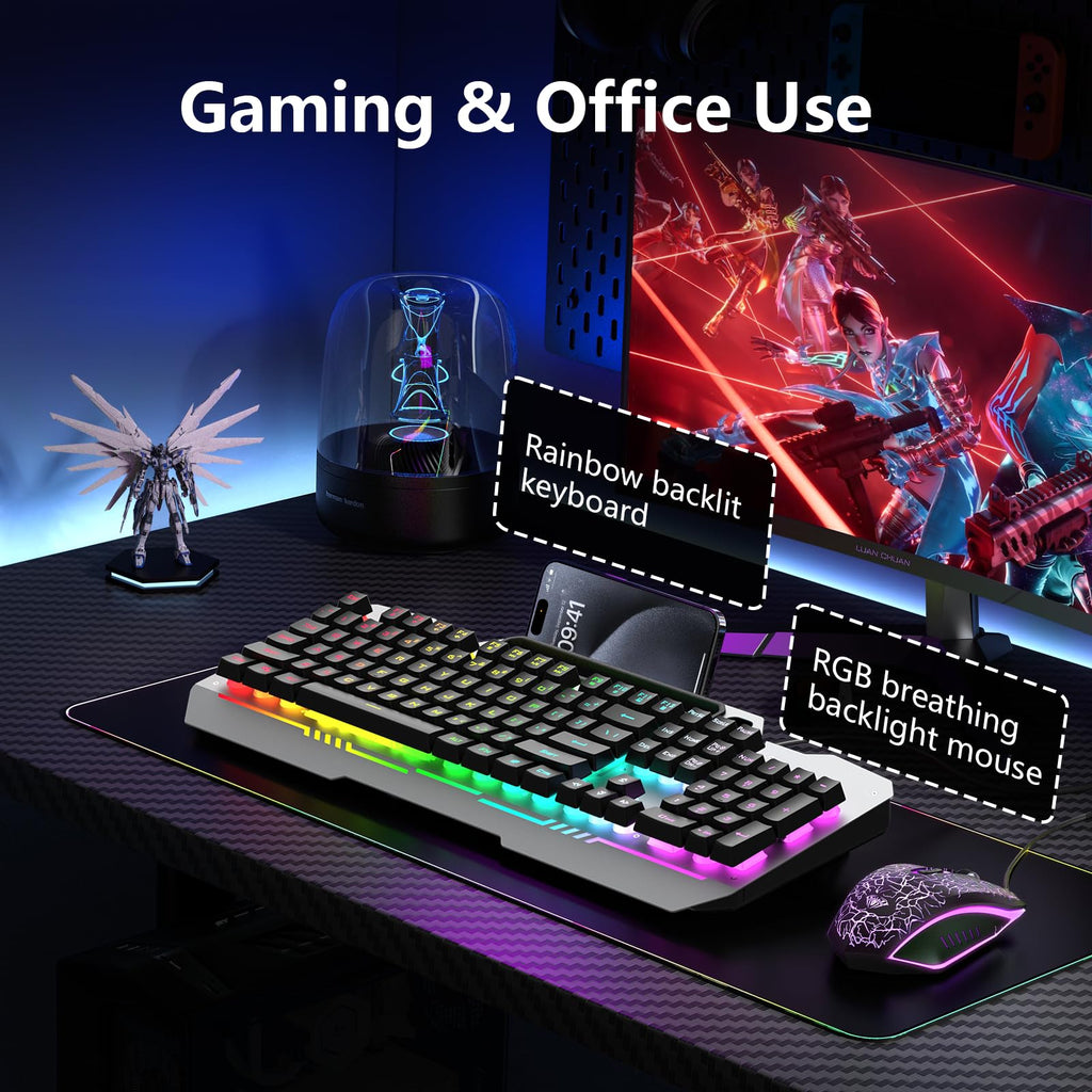 AULA Keyboard, T102 104 Keys Gaming Keyboard and Mouse Combo with RGB Backlit Number Pad, All-Metal Panel Waterproof Light Up PC Keyboard,USB Wired Computer Keyboards Gaming for Win XP/7/8/10 PC Gamer