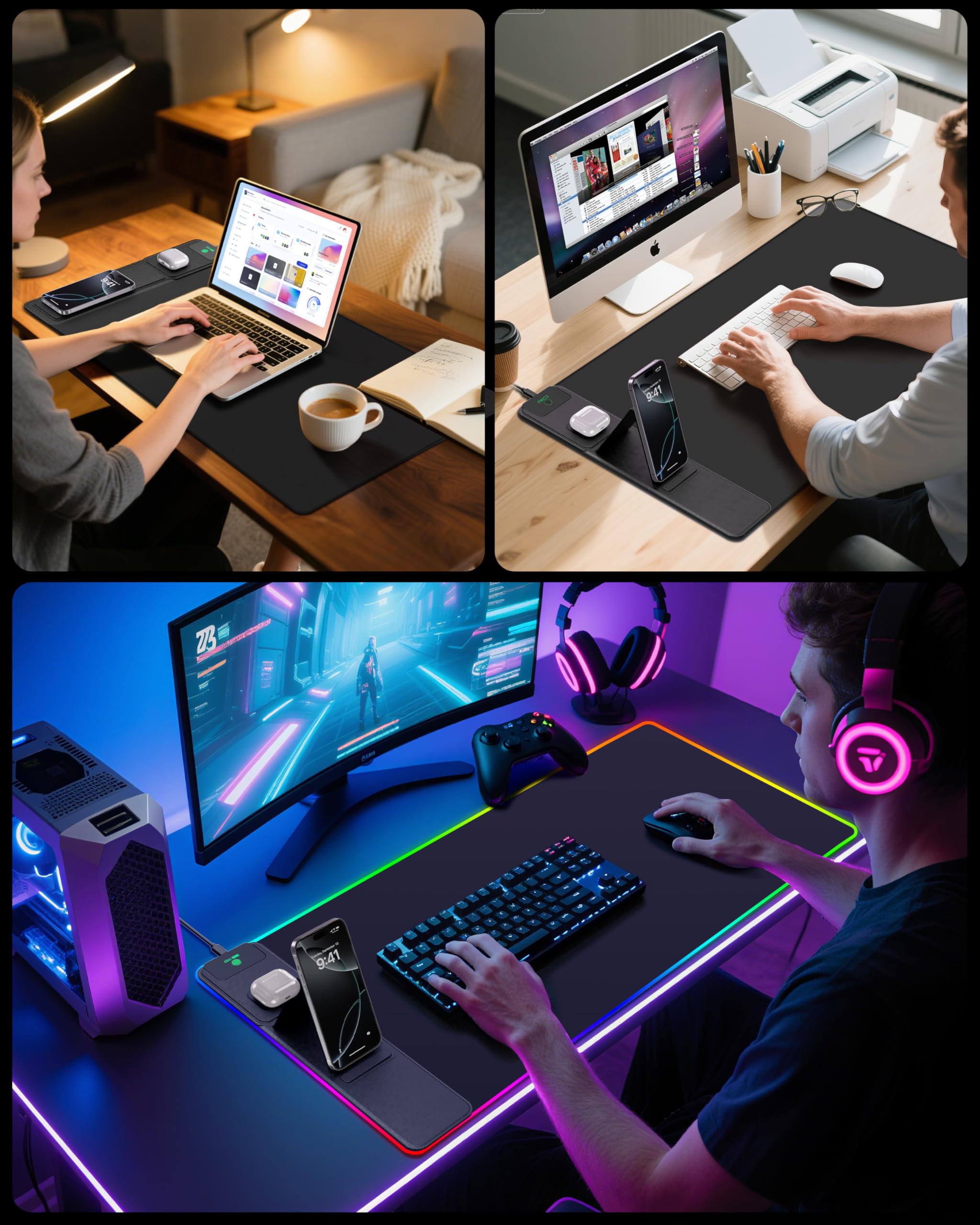 abc.mat 4-in-1 RGB Gaming Mouse Pad with Wireless Charging & Phone Stand, 31.5"x15.8" Large, 24 Light Effects, Non-Slip Base, Waterproof Ultra-Smooth Surface, with Adatper