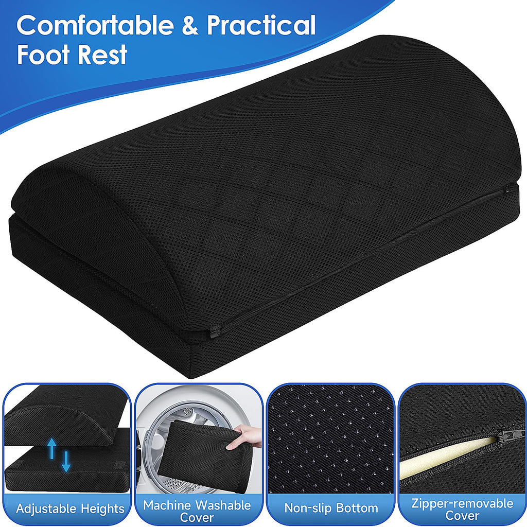 CushZone Foot Rest for Under Desk at Work Adjustable Foam for Office and Home, Office Desk Accessories，Comfortable Footrest with 2 Adjustable Heights，Back & Hip Pain Relief (Black)
