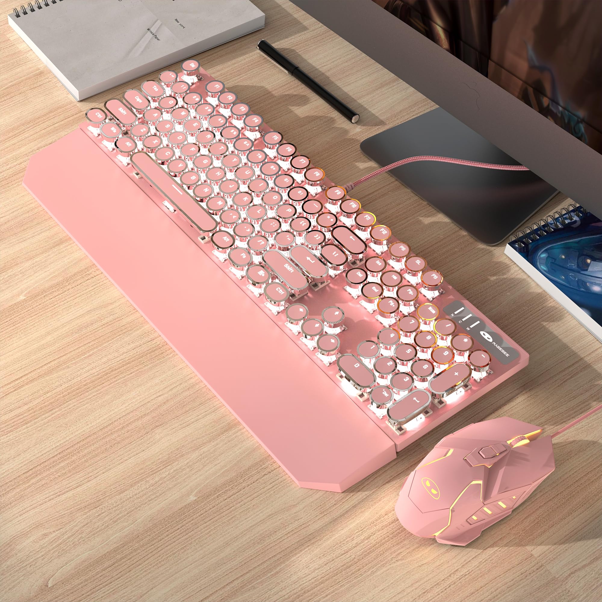 Typewriter Mechanical Gaming Keyboard and Mouse Combo, Retro Punk Round Keycaps RGB Rainbow Backlit Wired Keyboard for Game and Office, for Windows Laptop PC, Red Switches(Pink)