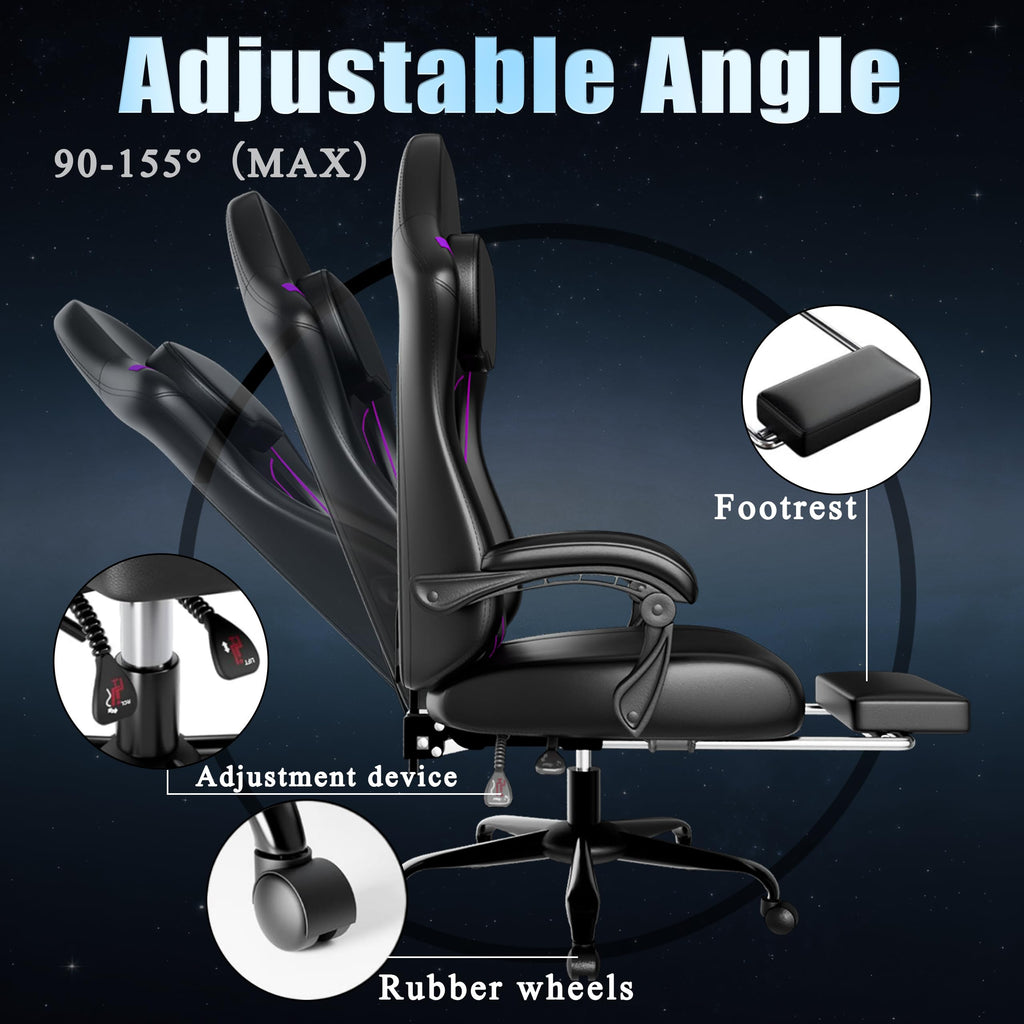 Gaming Chair, Computer Chair with Footrest and Lumbar Support, Ergonomic Video Game Chair with Headrest, Height Adjustable Gamer Chair Office Desk Chair, Purple