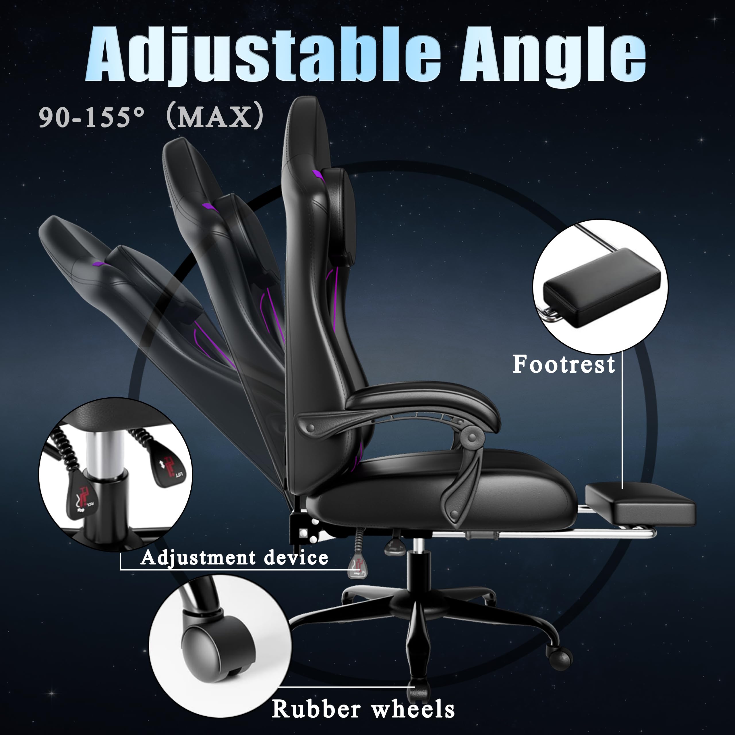 Gaming Chair, Computer Chair with Footrest and Lumbar Support, Ergonomic Video Game Chair with Headrest, Height Adjustable Gamer Chair Office Desk Chair, Purple