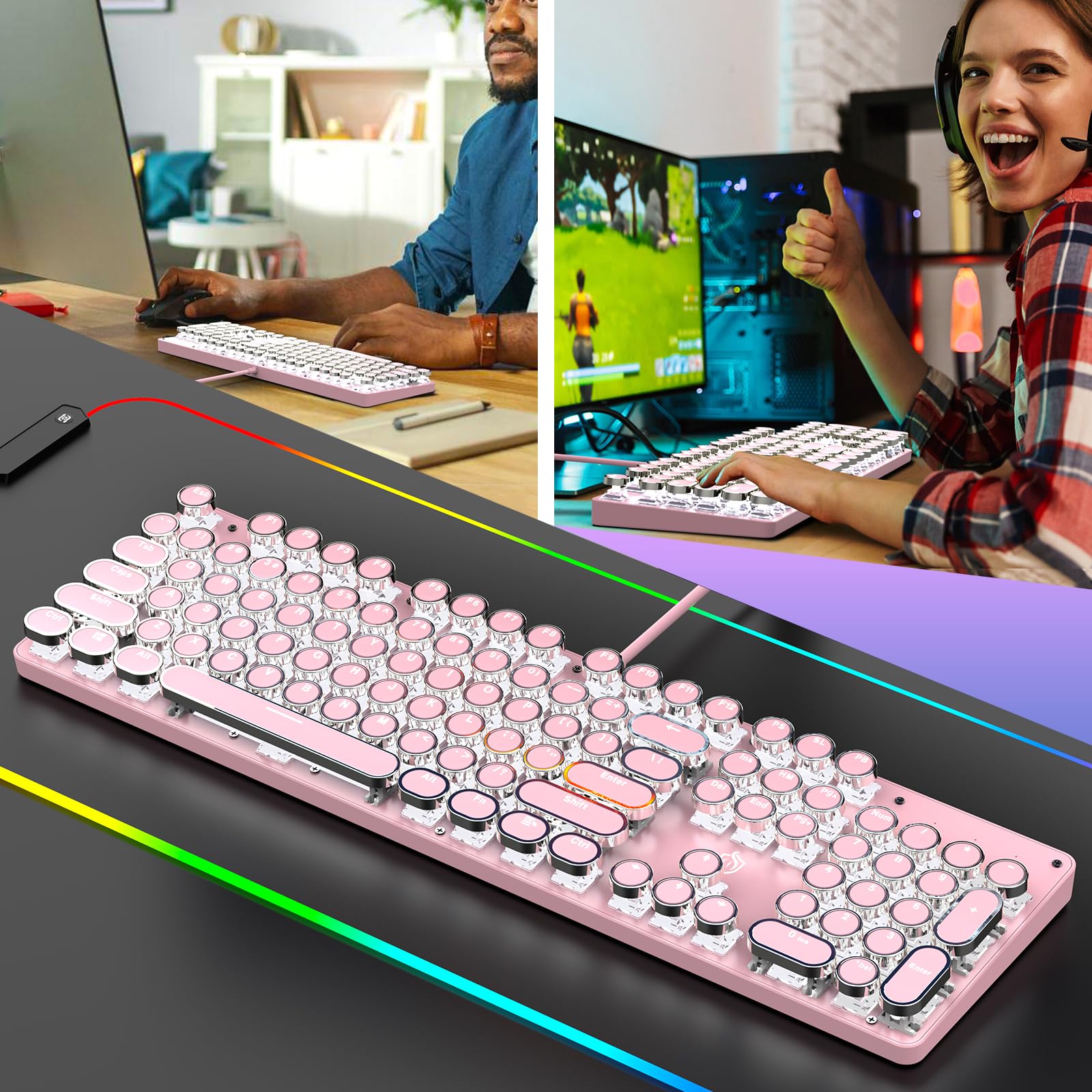 Gaozen Typewriter Mechanical Gaming Keyboard with RGB Backlit Red Switches, 104 Keys Retro Round Keycap, Wired Typewriter Style Comfortable Typing Soud (Pink)