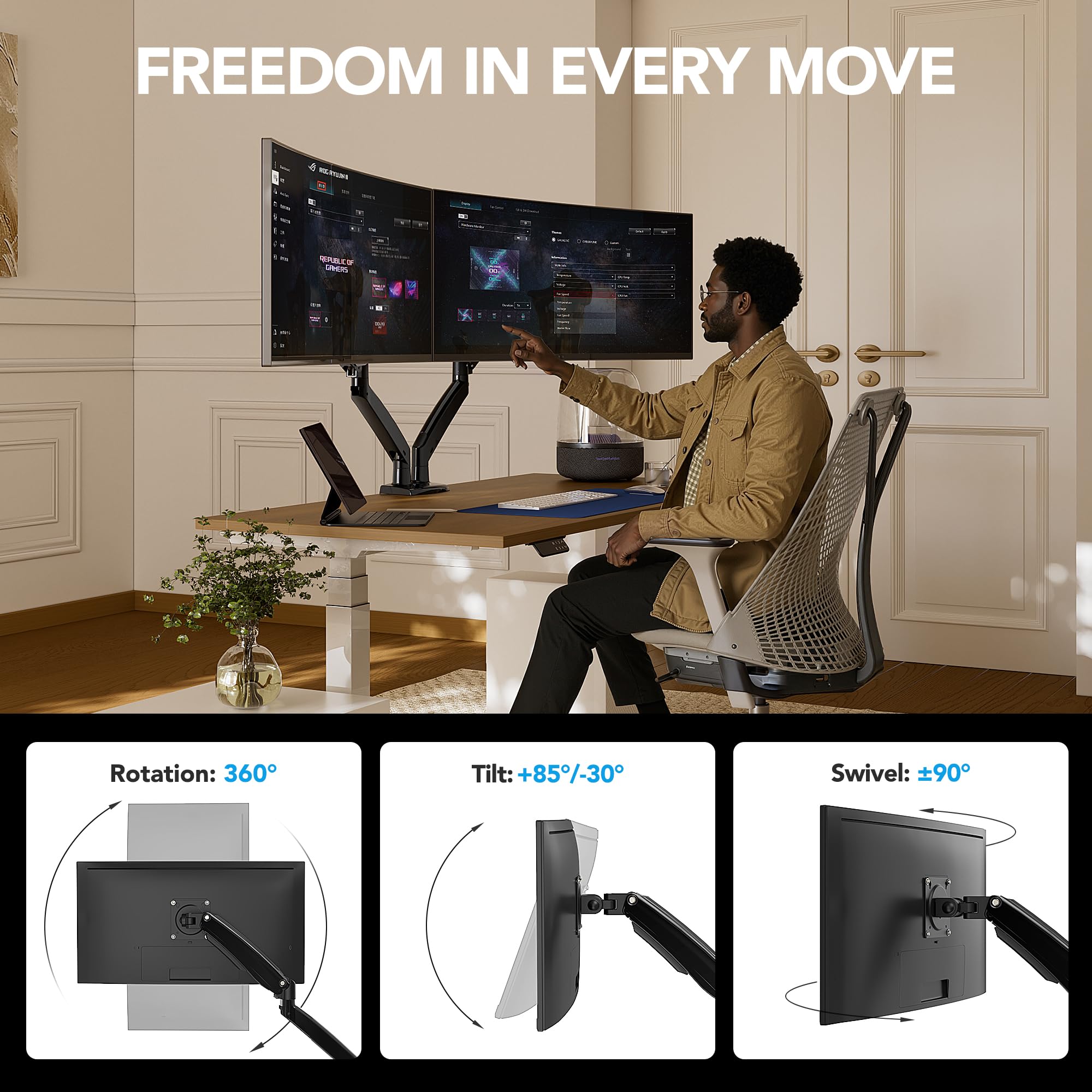 HUANUO Dual Monitor Stand for 13″–40″, Premium Dual Monitor Mount with USB, Height Adjustable Monitor Stand for 2 Monitors, VESA Mount with Clamp/Grommet Base, Holds 26.4lbs per Arm, HNDS7